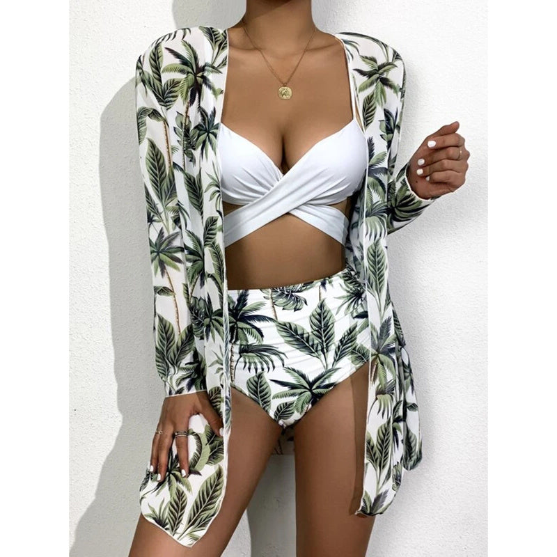 Print floral 3-piece swimsuit set by The Clothing Company Sydney featuring a push-up bikini and matching bathers for beach fun.