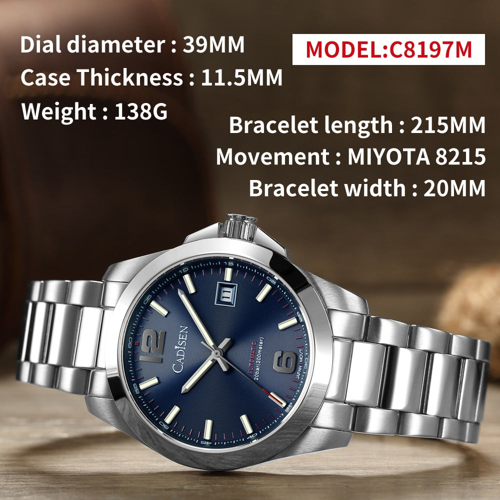 Cadisen New 39mm Men's Automatic Mechanical Watch Classic Retro 200m Waterproof Business Sports MIYOTA 8215 Watches The Clothing Company Sydney