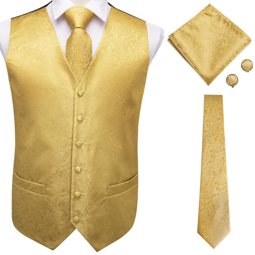Men's luxury silk vest and tie set featuring paisley, floral, and plaid patterns in blue, gold, red, and silver tones.