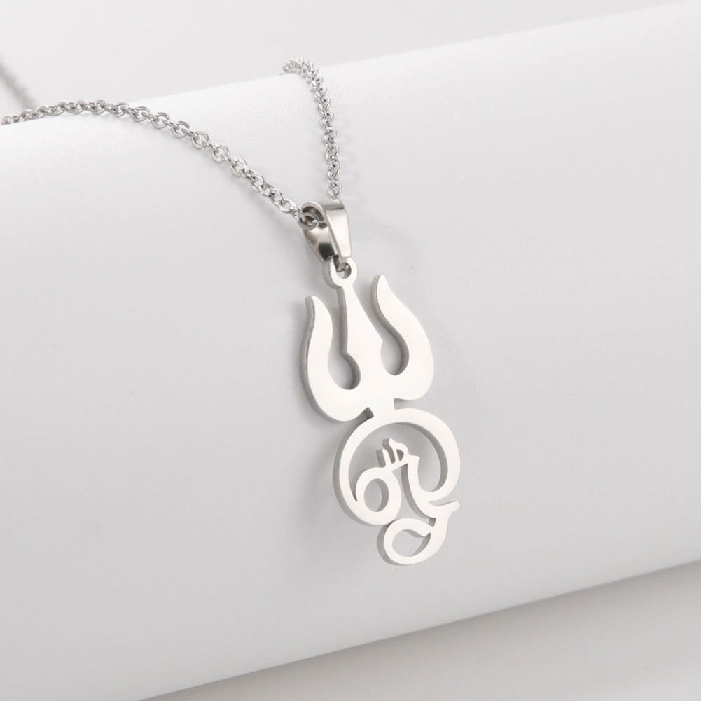 Stainless steel Tamil Om Aum symbol with trident pendant necklace, vintage Shiva symbol jewelry, ideal for yoga and spiritual wear.