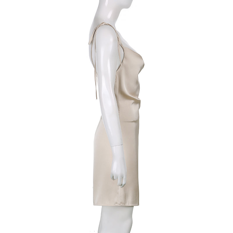Backless satin sleeveless mini sundress with strappy design by The Clothing Company Sydney, perfect for casual summer wear.