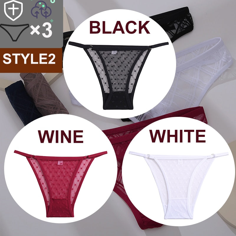 Three floral transparent G-string lingerie thongs with lace, mesh fabric, and low-rise design by The Clothing Company Sydney.