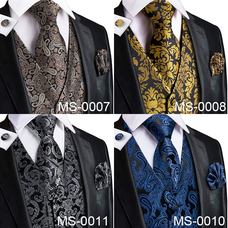 Four-piece men's vest set including luxury paisley floral plaid silk vest and matching tie, in blue, gold, red, and silver for formal wear