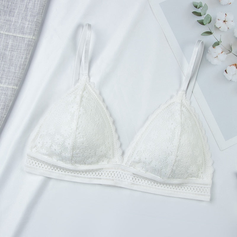 Floral lace bralette top from The Clothing Company Sydney featuring push-up padding, breathable fabric, wireless design, and removable pads.