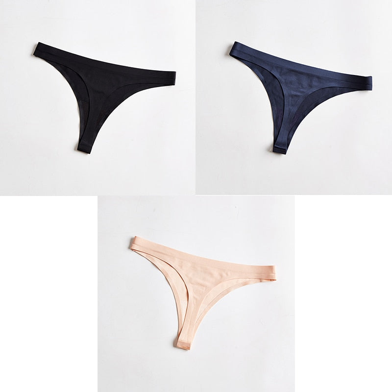 Three-pack seamless thongs from The Clothing Company Sydney featuring ice silk T-back G-string underwear for women.