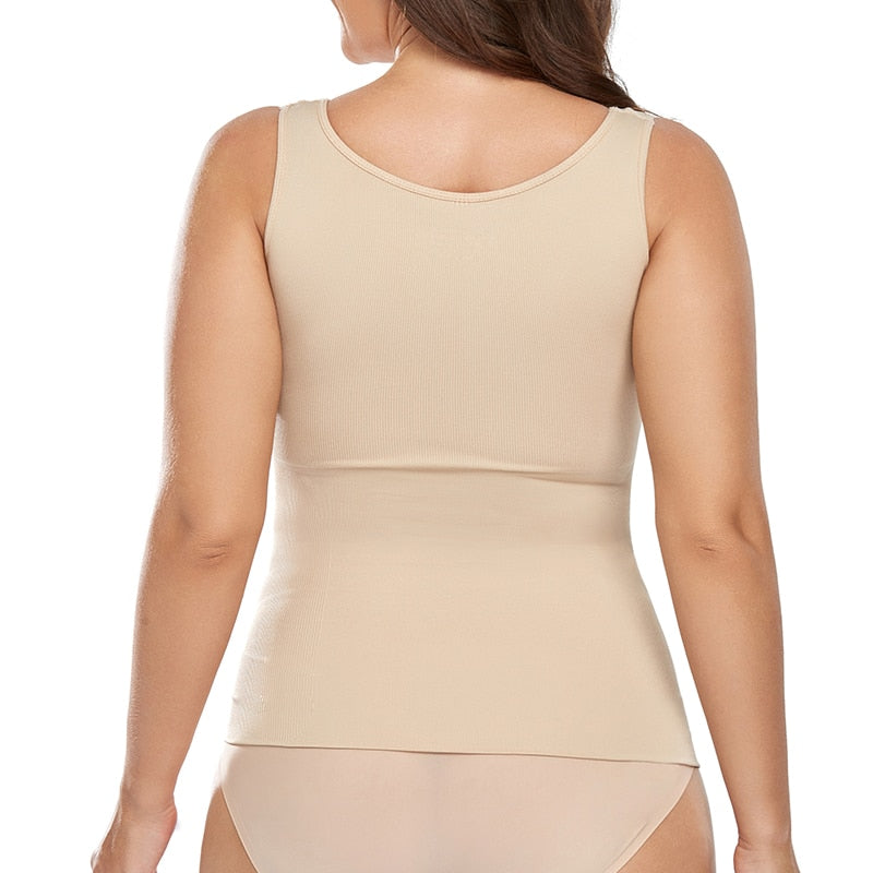 Black tank top shapewear by The Clothing Company Sydney featuring built-in bra, wide straps, sleeveless design, and removable bra support.