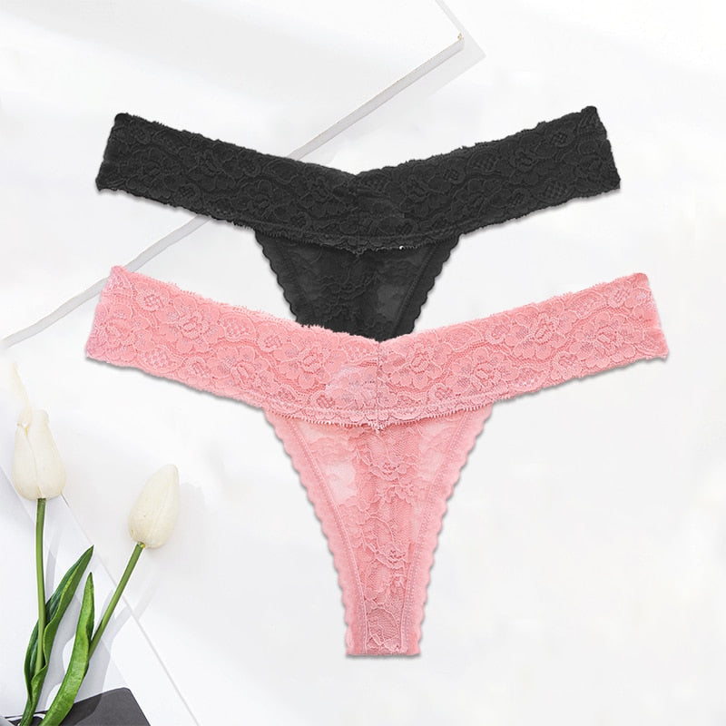 Two floral lace G-string thong panties from The Clothing Company Sydney, featuring transparent lace underwear for women.