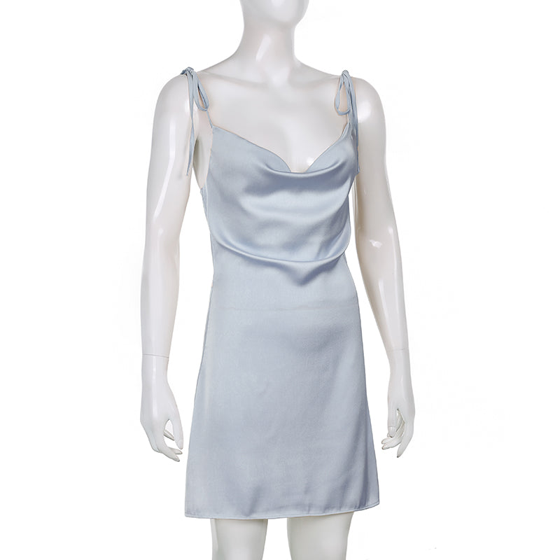 Backless satin sundress by The Clothing Company Sydney featuring spaghetti straps and a sleeveless, casual mini summer dress style.