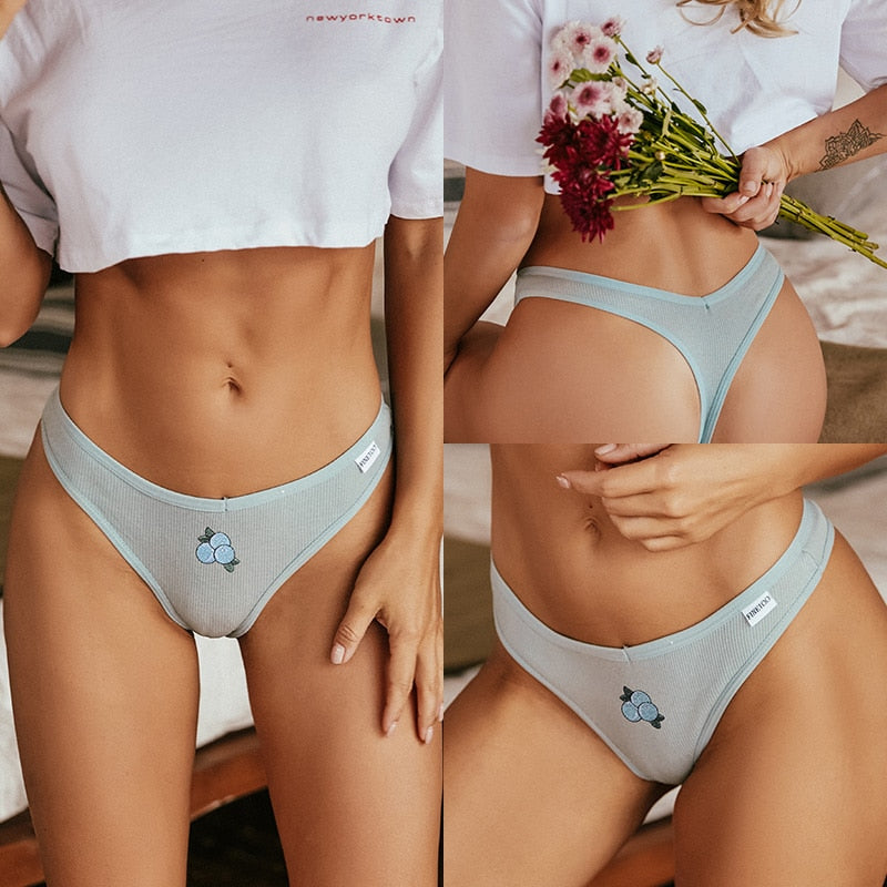 Cotton fruit embroidery thong underwear from The Clothing Company Sydney featuring a T-back design and delicate embroidery.
