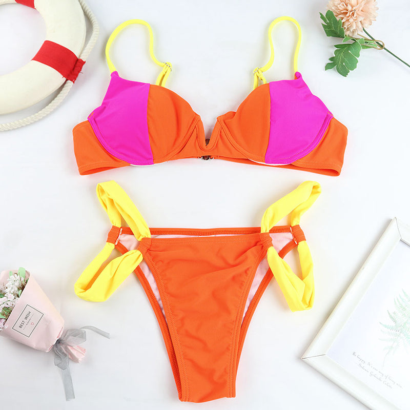 Two-piece patchwork swimsuit bikini set by The Clothing Company Sydney, featuring push-up style and vibrant beach-ready design.