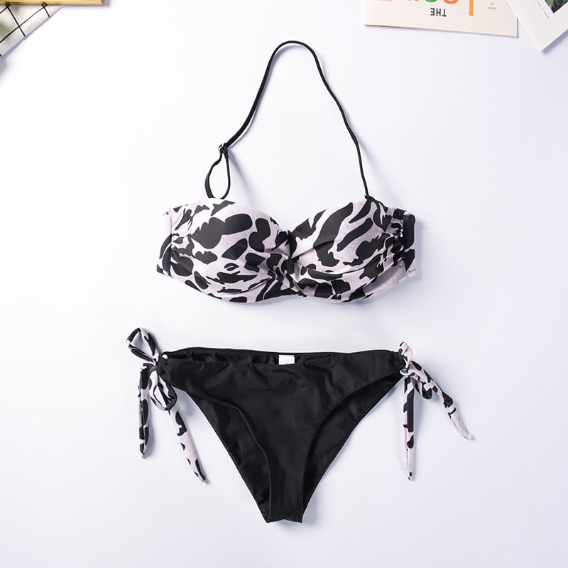 Leopard print 2-piece bandeau bikini swimwear for women with ruffle details, push-up style, from The Clothing Company Sydney.