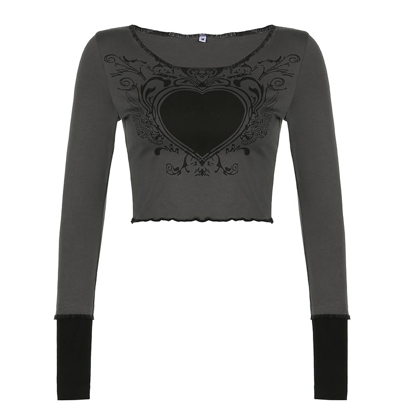 Dark academia gothic crop top by The Clothing Company Sydney featuring heart print, grunge retro fashion for women.