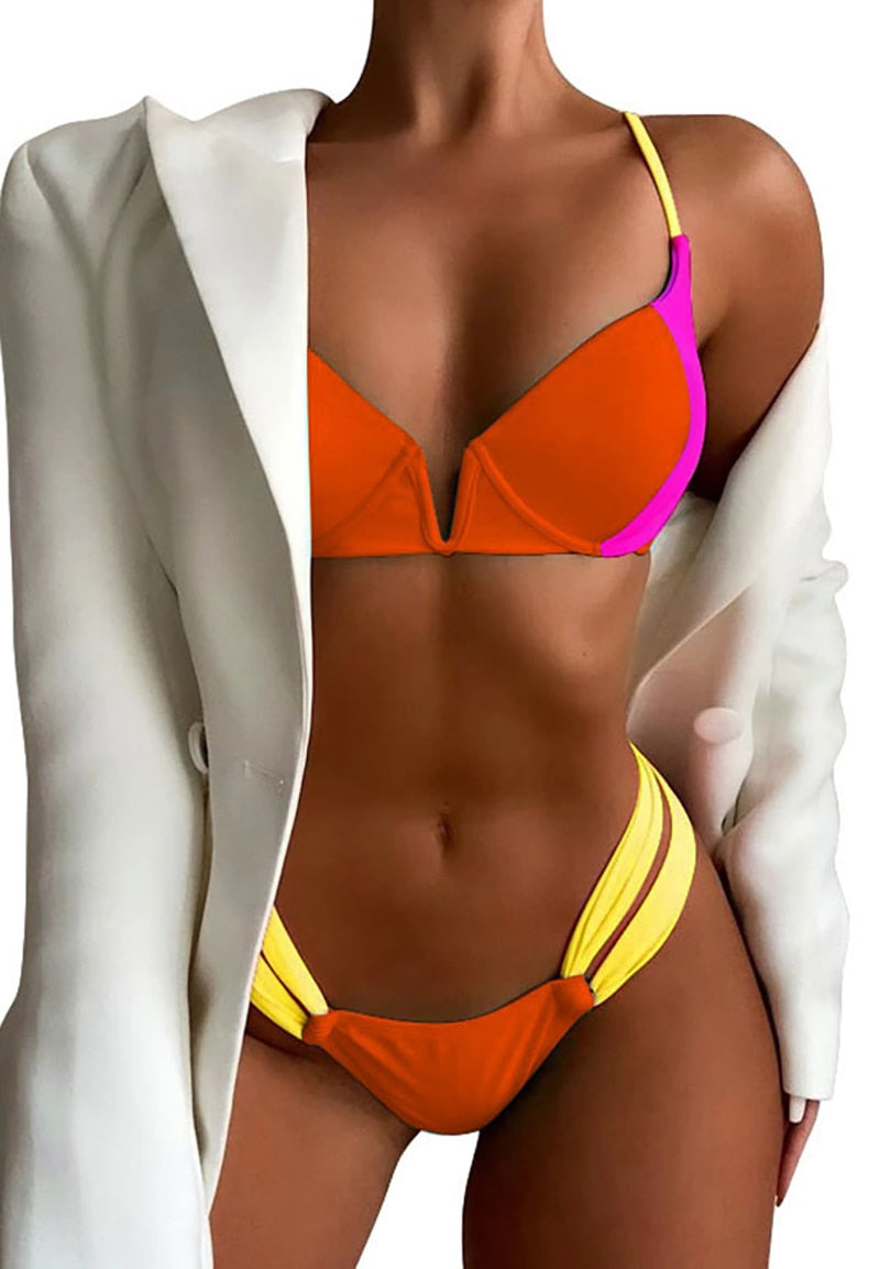 Two-piece push-up swimsuit bikini set with patchwork design from The Clothing Company Sydney, featuring vibrant beach-ready swimwear.