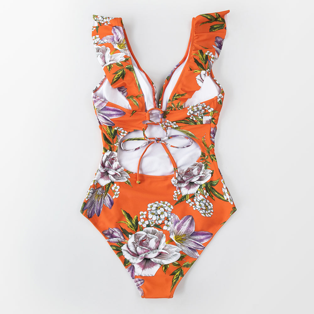 Solid black ruffled one-piece swimsuit with lace-up front from The Clothing Company Sydney, perfect for beach and swimming.
