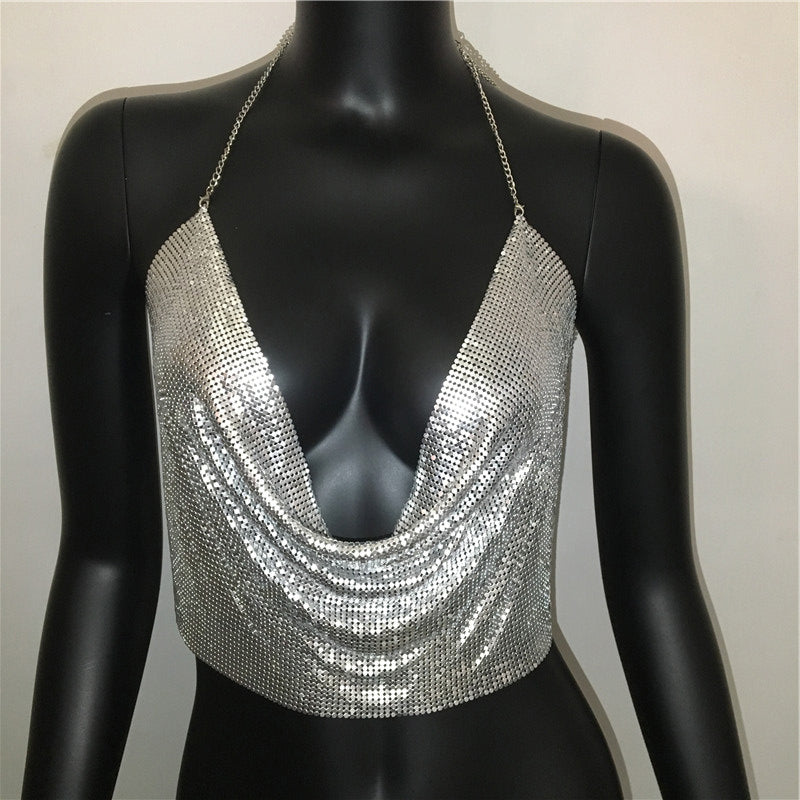 Metal sequined tank top by The Clothing Company Sydney featuring a backless, cropped design in gold and silver for summer beachwear.