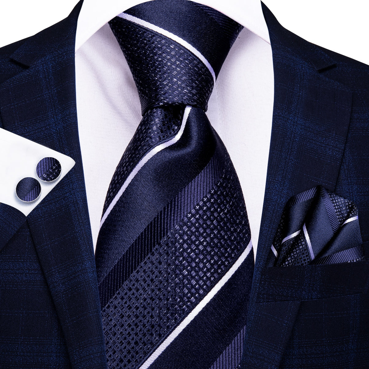 Set of three men's accessories including silk paisley necktie, pocket square, and cufflinks for formal and wedding attire.