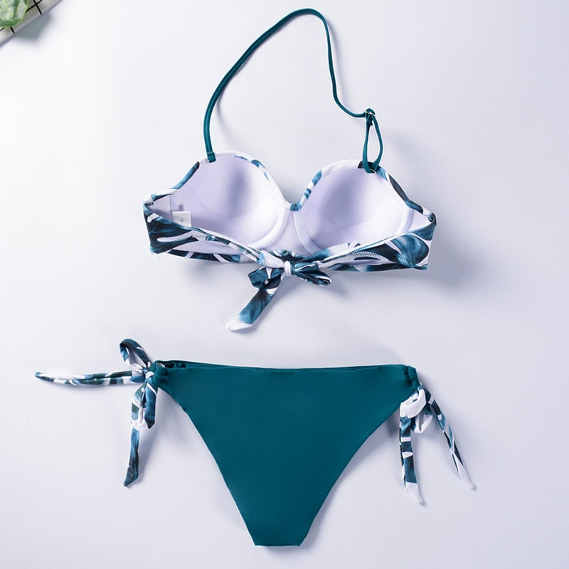 Brazilian leopard print 2-piece bandeau bikini swimsuit with ruffles and push-up design for women, stylish swimwear from The Clothing Company Sydney.
