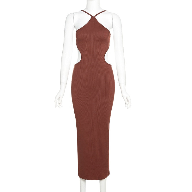 Elegant sleeveless backless summer halter maxi dress by The Clothing Company Sydney, featuring cutout and bandage design for club parties.