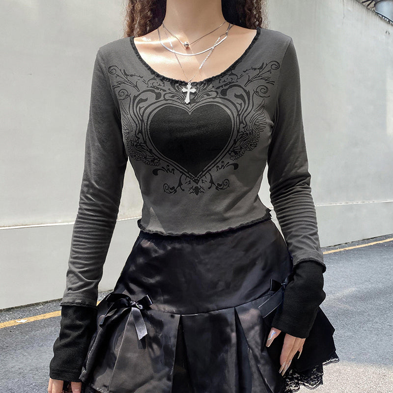 Dark academia gothic crop top featuring grunge retro heart print, perfect for women’s autumn fashion from The Clothing Company Sydney.
