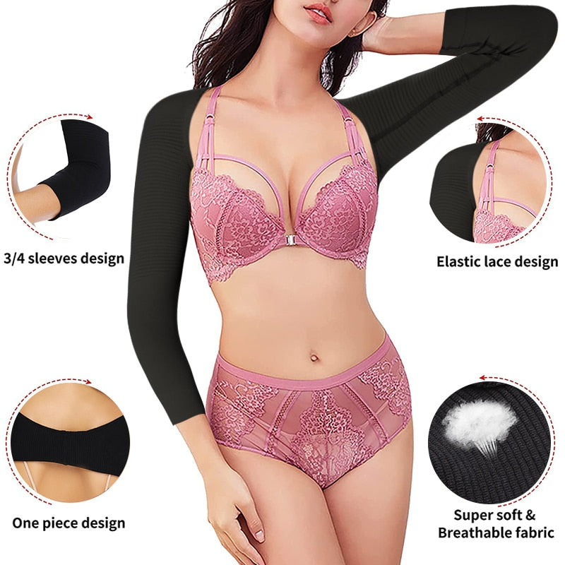 Black arm shaper and back support shapewear from The Clothing Company Sydney, with shoulder corrector and anti-cellulite design.