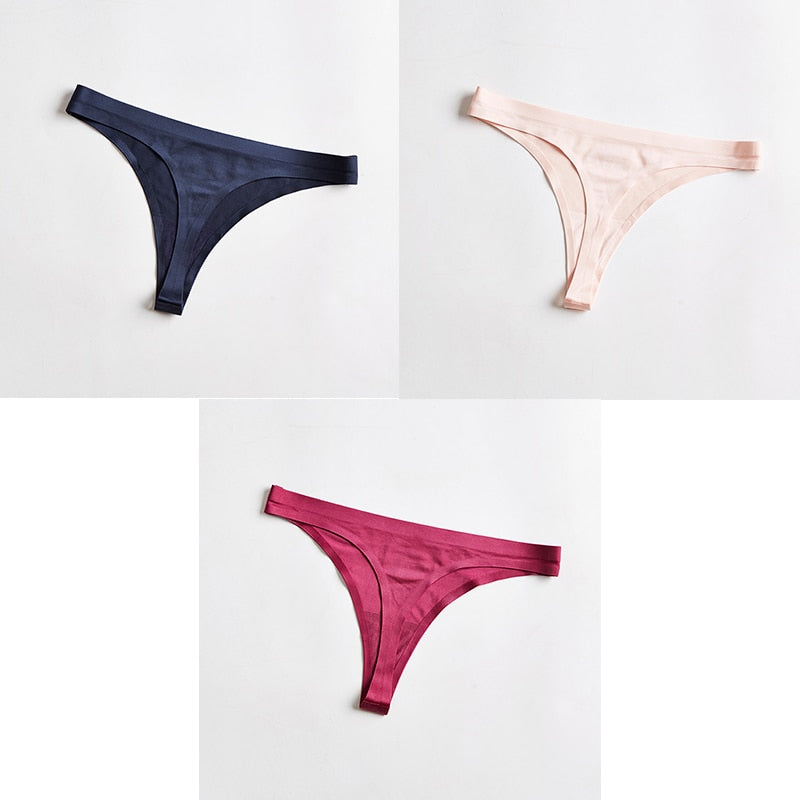 Three-pack of seamless ice silk thong underwear from The Clothing Company Sydney, T-back G-string style, breathable women's lingerie.