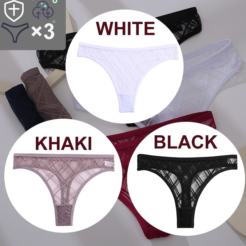 Three floral transparent G-string lingerie thongs from The Clothing Company Sydney, featuring lace, mesh, and low-waist design.