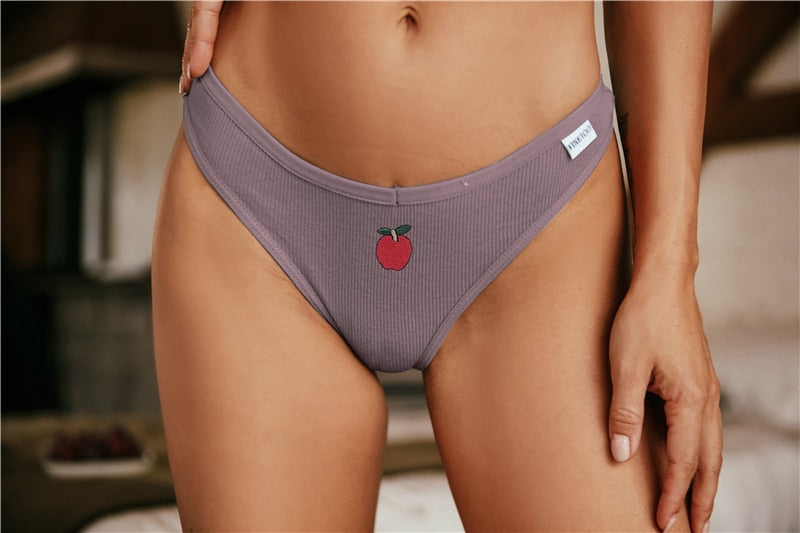 Cotton fruit embroidery G-string underwear by The Clothing Company Sydney, featuring a T-back thong design and vibrant fruit motifs.