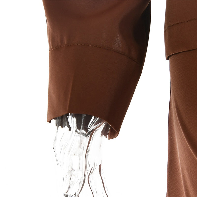Brown two-piece office dress with turn-down collar, long sleeves, high waist skirt, perfect for autumn work outfits.