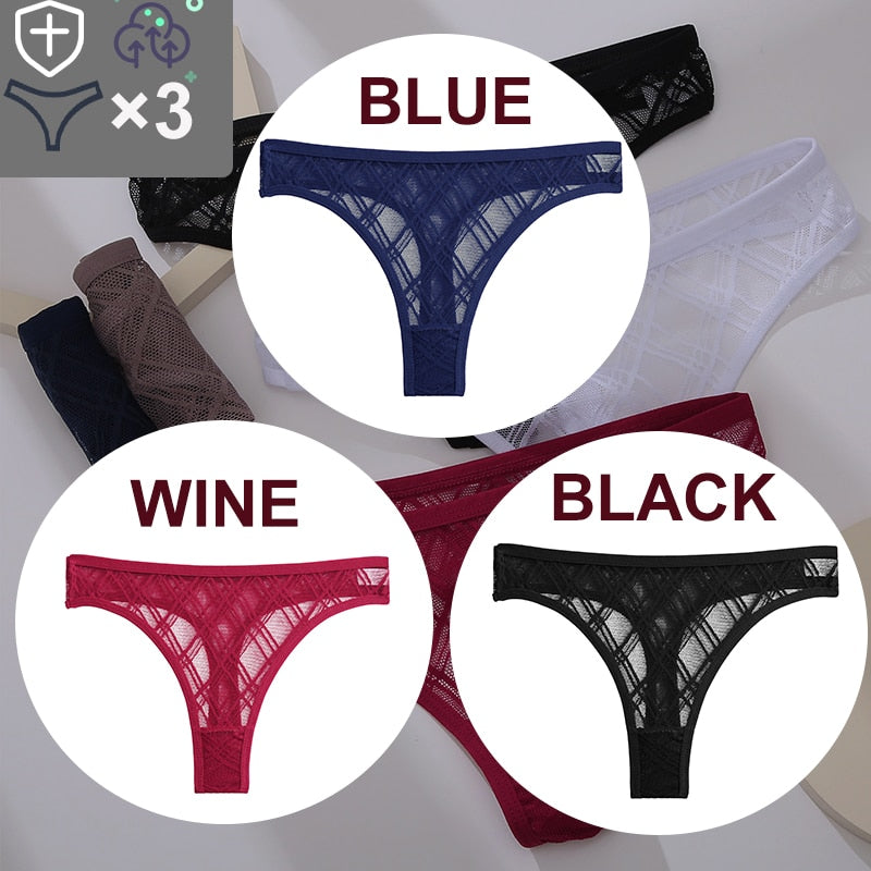 Three-pack floral transparent thong lingerie from The Clothing Company Sydney featuring lace, mesh, low-waist briefs, and G-string style.