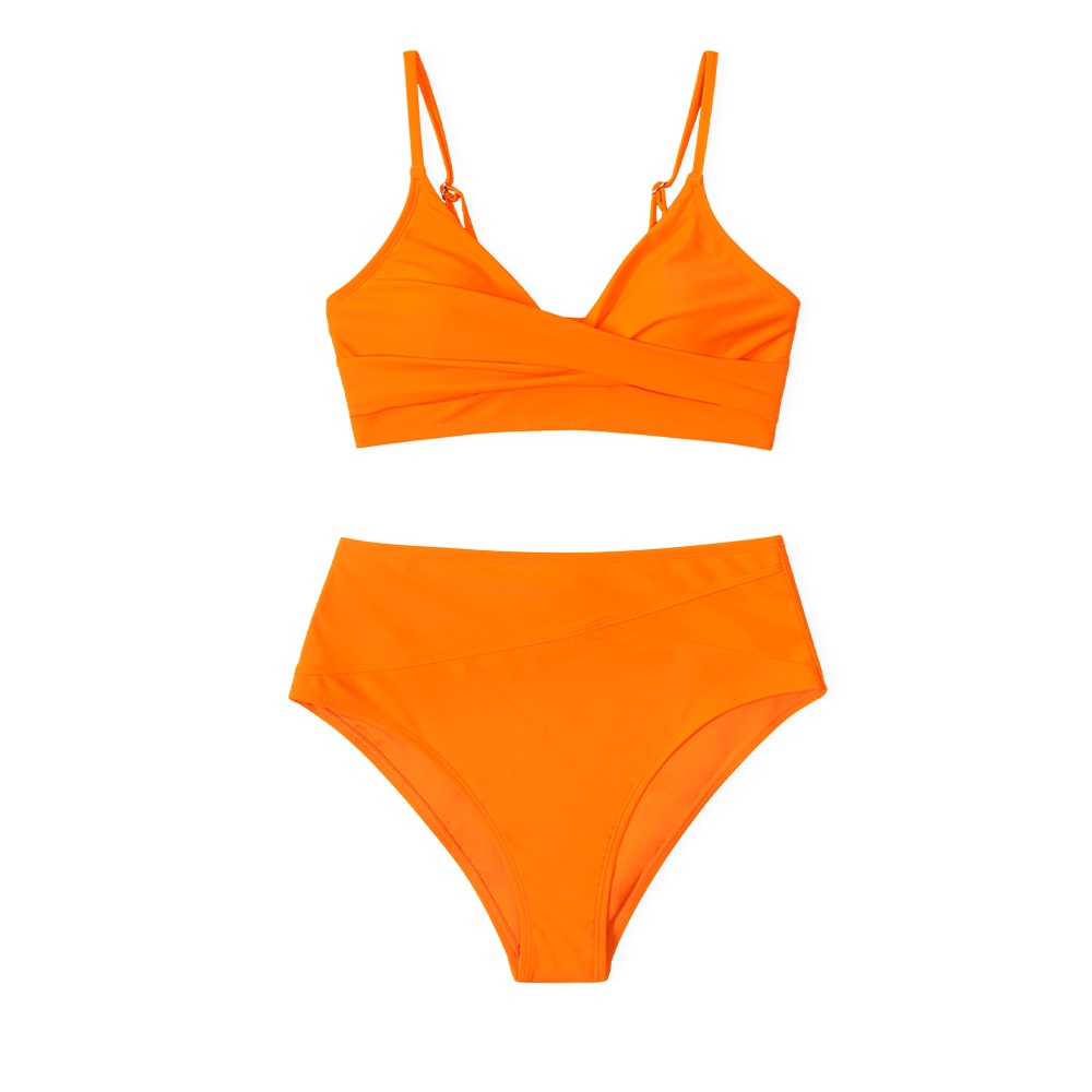 Red high-waist bikini swimsuit with V-neck, solid color, from The Clothing Company Sydney, perfect for beachwear and swimming.