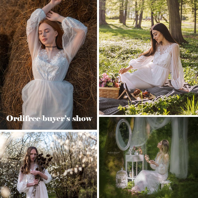 White long tulle wedding dress with embroidery, long sleeves, lace details, perfect for summer vacations and beach weddings.