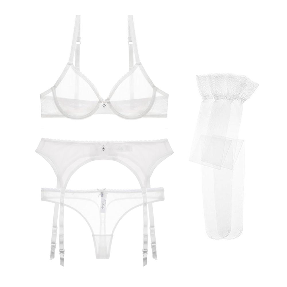 Ultra-thin transparent yarn lingerie set featuring bras, garters, thongs, and stockings from The Clothing Company Sydney.