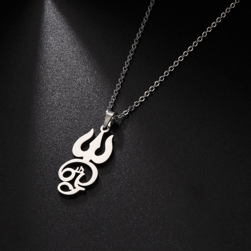 Stainless steel Tamil Om Aum symbol with trident pendant on a chain, vintage yoga jewelry, depicting Om Shiva symbol.