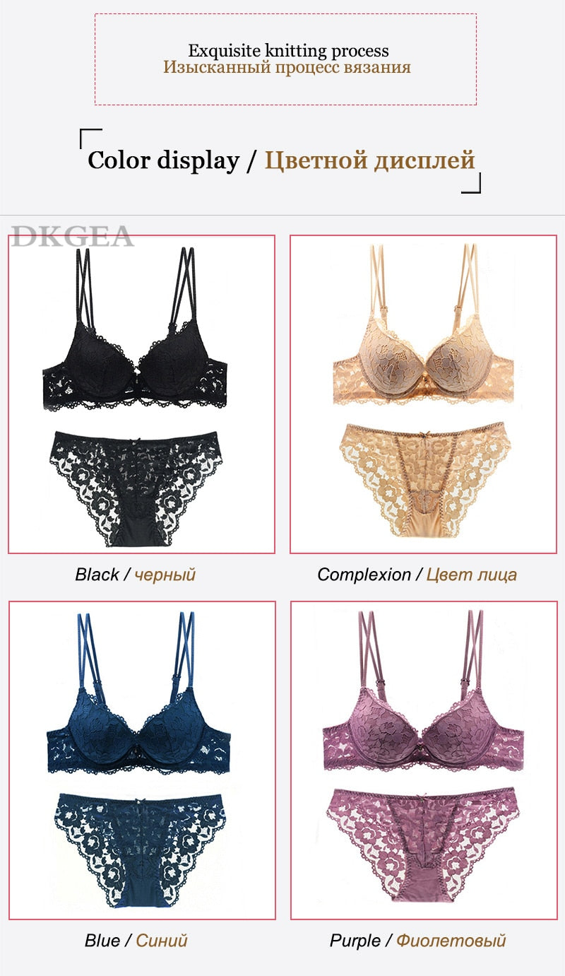 Blue lace embroidery lingerie set with push-up bra and matching panties, featuring deep V design and available in A, B, C cups.