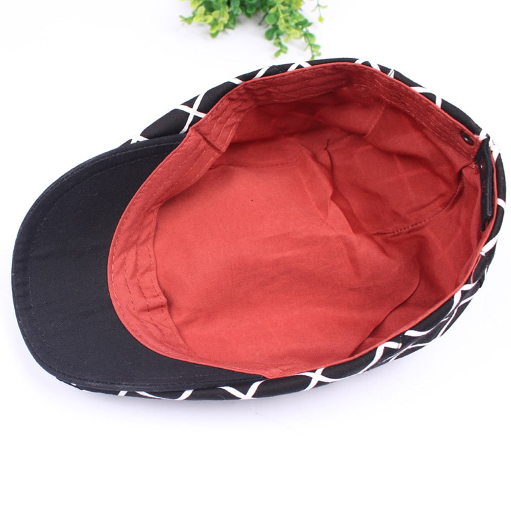 Cotton plaid flat cap for men and women, summer sun hat, adjustable newsboy style by The Clothing Company Sydney.