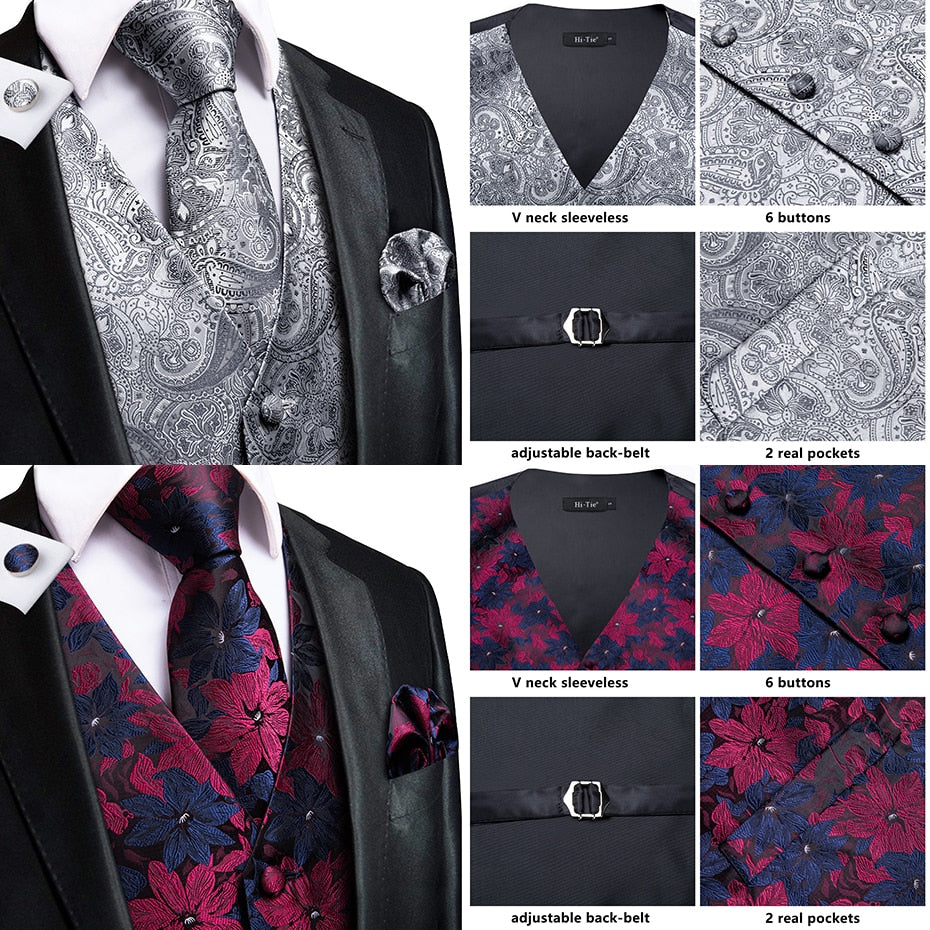 Men's luxury silk vest and tie set featuring paisley, floral, and plaid patterns in blue, gold, red, and silver for wedding attire.