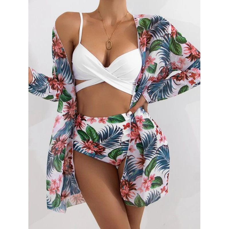 Print floral 3-piece swimsuit set by The Clothing Company Sydney featuring a push-up bikini, beach bather, and bathing suit.