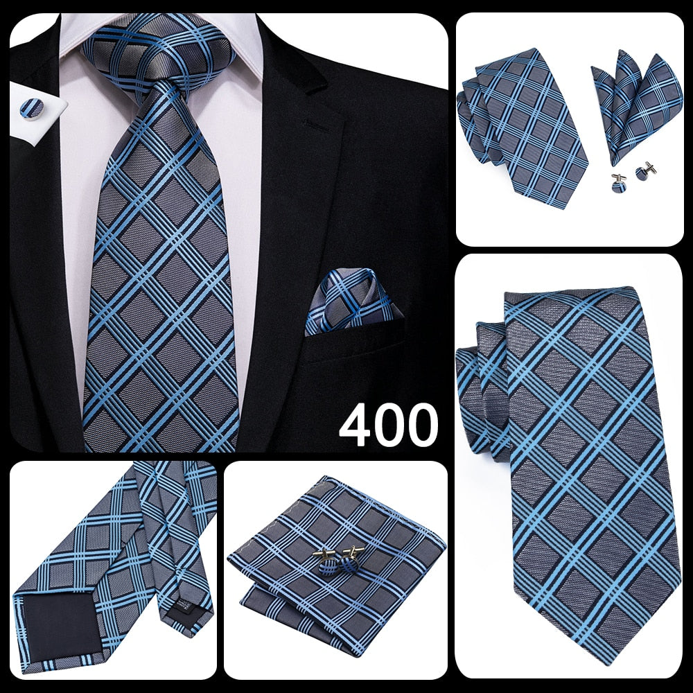 Blue silk business tie with dot pattern, plaid design, matching cufflinks, 150cm length, men's accessories for wedding and business.