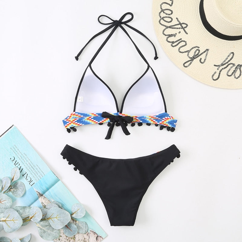 Black leopard print bikini set with tassel details from The Clothing Company Sydney, featuring push-up swimwear for summer beachwear.