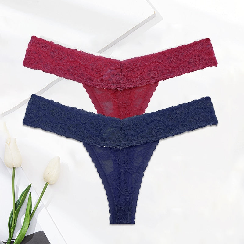 Two pack lace G-string thong panties from The Clothing Company Sydney, floral design, transparent lingerie briefs.