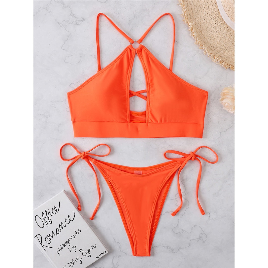 Cut out halter bikini swimsuit from The Clothing Company Sydney, featuring padded cups and strappy design in a two-piece bathing suit.