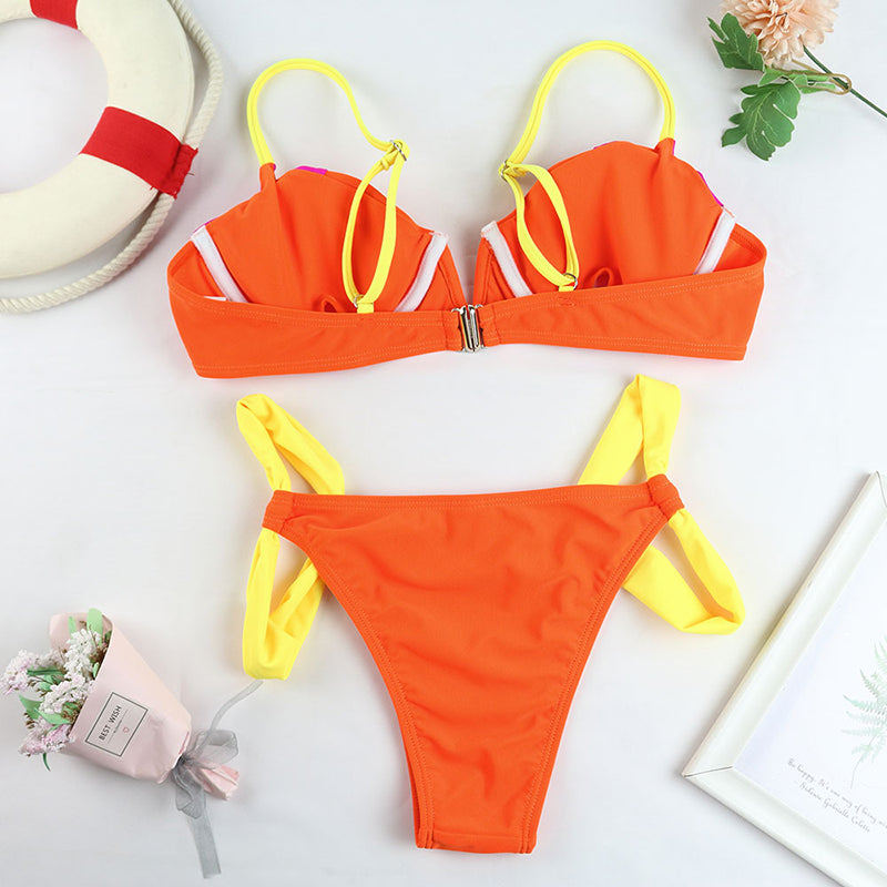 Two-piece patchwork push-up swimsuit bikini set from The Clothing Company Sydney, featuring colorful design and supportive fit.