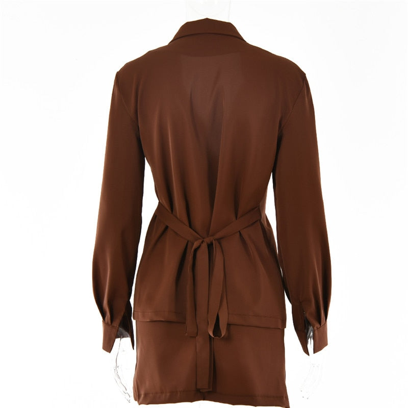Brown two-piece dress by The Clothing Company Sydney featuring a turn-down collar, long sleeves, high waist skirt for women.