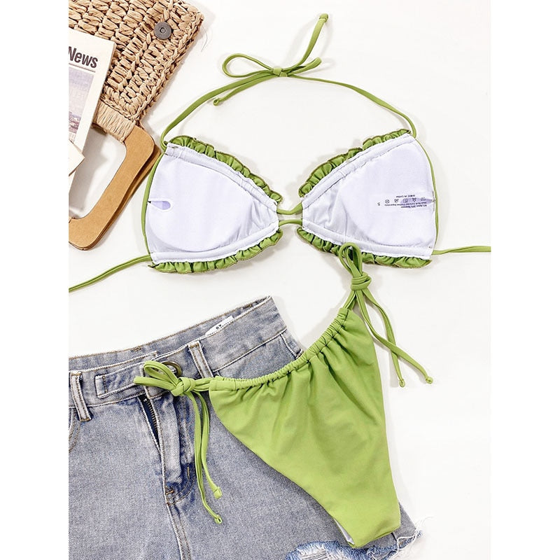 Two-piece thong bikini swimsuit from The Clothing Company Sydney, solid color Brazilian swimwear for summer beachwear.