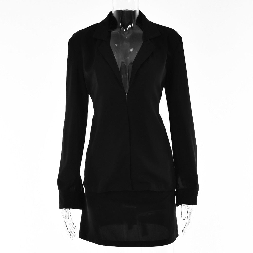 Brown long sleeve turn-down collar two-piece set with high waist skirt, slim fit, suitable for office and autumn wear.