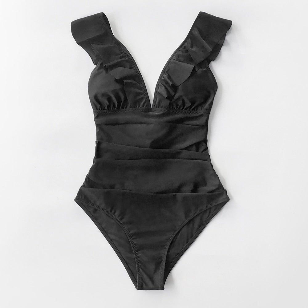 Black ruffled one-piece swimsuit with lace-up front and ruffle details, designed by The Clothing Company Sydney for beachwear.