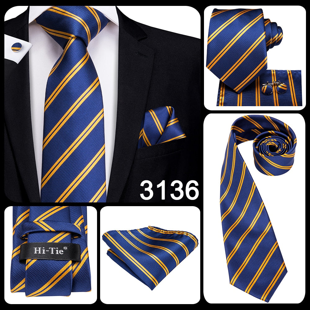 Blue silk business tie with dot pattern, plaid design, and matching cufflinks, 150cm length, styled for formal or wedding attire.