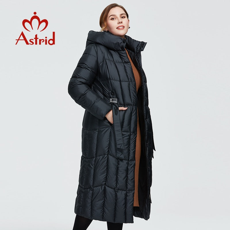 Long women's winter parka jacket with plaid pattern, hood, thick insulation, and large sizes from The Clothing Company Sydney.