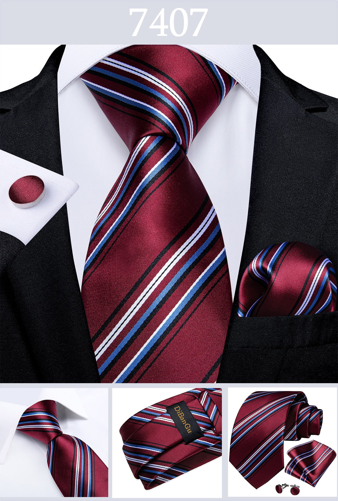 Red designer men's wedding tie with striped and paisley patterns, matching pocket square and cufflinks, by The Clothing Company Sydney.