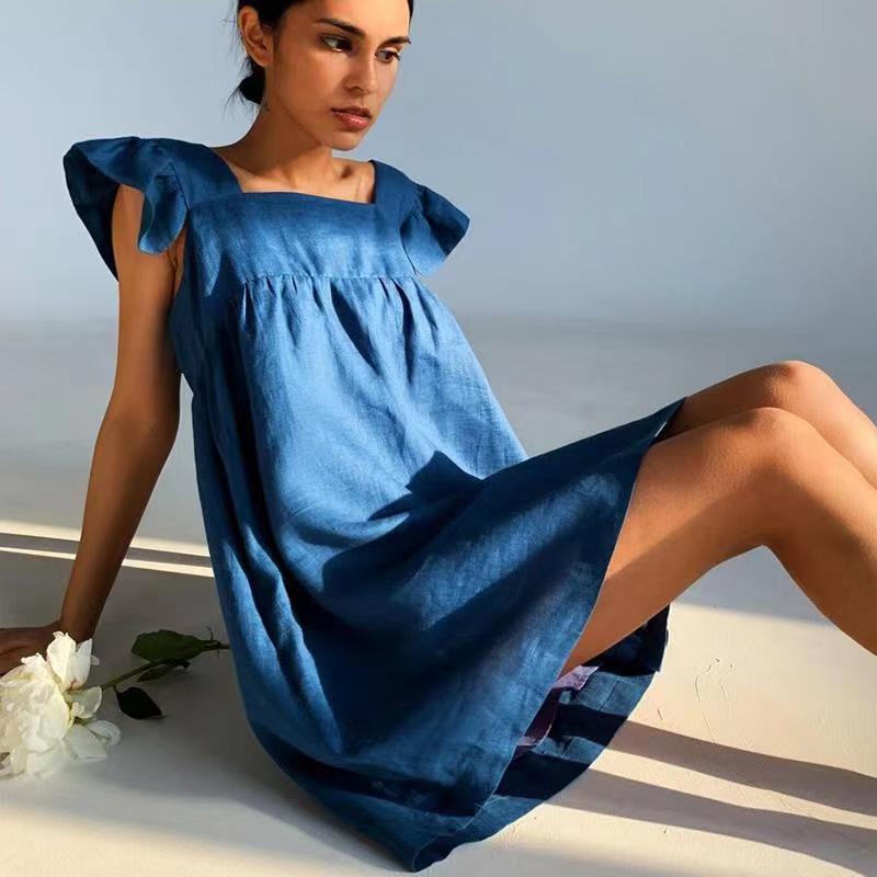 Elegant mini dress with ruffle sleeves and square neckline by The Clothing Company Sydney, in solid summer color.